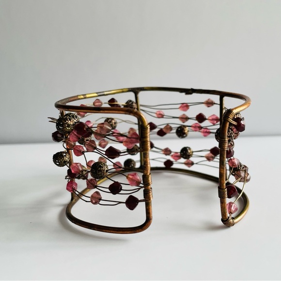 Wire Cuff Bracelet with Pink and Brown Beads - Picture 6 of 16